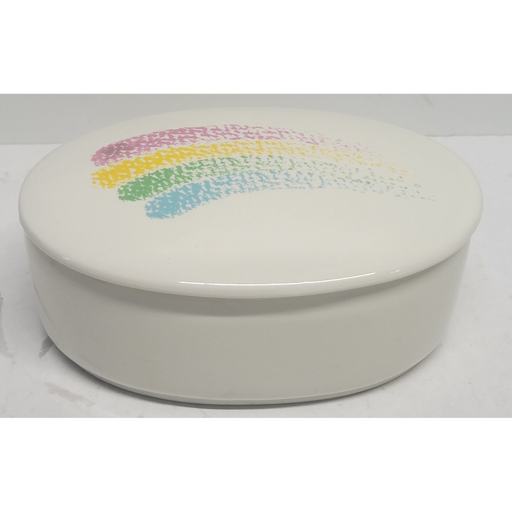 Teleflora Gift Vintage Ceramic Oval Trinket Box White Pastel Rainbow Korea